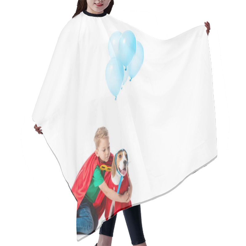 Personality  Preschooler Child  In Red Hero Cloak Embracing Beagle Dog Near Blue Party Balloons Isolated On White Hair Cutting Cape