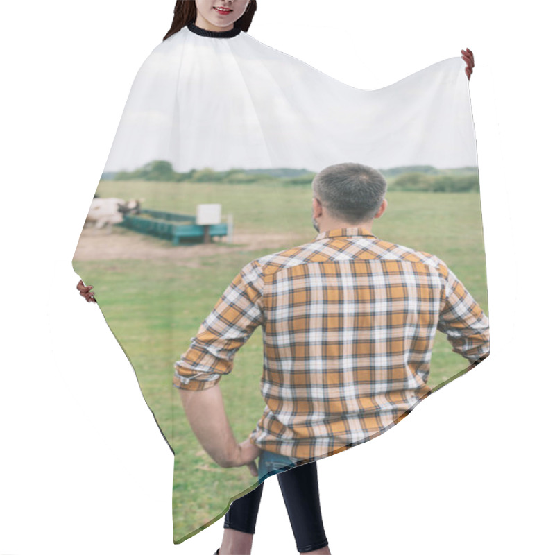 Personality  Back View Of Farmer Standing With Hands On Waist And Looking At Cattle In Field Hair Cutting Cape