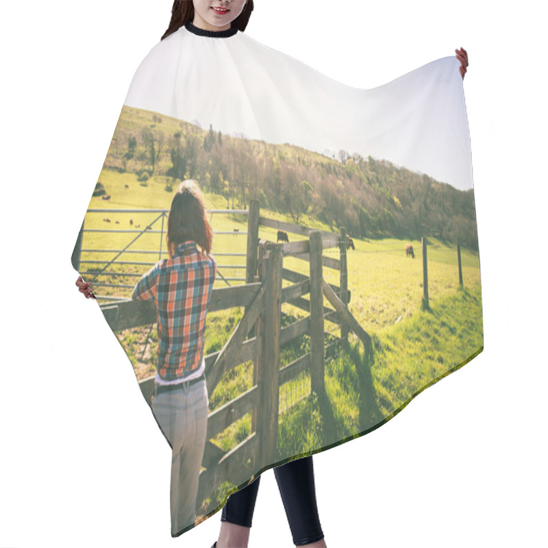 Personality  Young Woman By A Fence On A Ranch Hair Cutting Cape