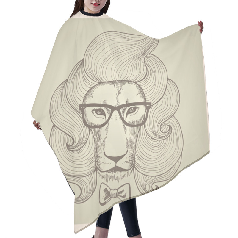 Personality  Portrait Of A Lion With A Chic Haircut With Glasses. Hair Cutting Cape