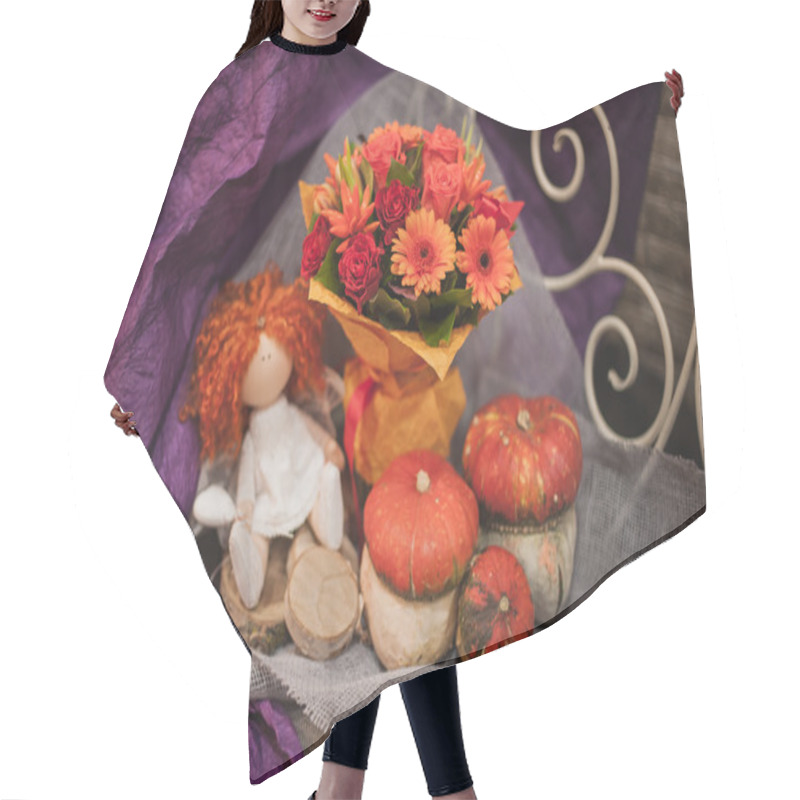 Personality  Pumpkin And Autumn Orange Bouquet. Hair Cutting Cape