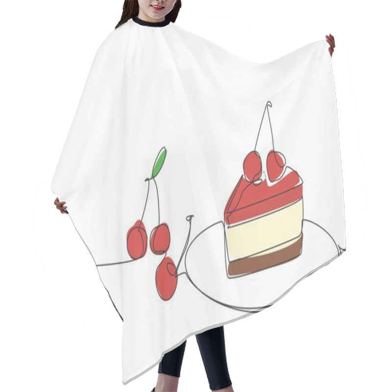 Personality  Single One Line Drawing Cherry Cheesecake Slices With Cherry Topping On Small Plate. A Piece Of Extraordinary Deliciousness. National Cherry Cheesecake Day. Continuous Line Design Graphic Illustration Hair Cutting Cape