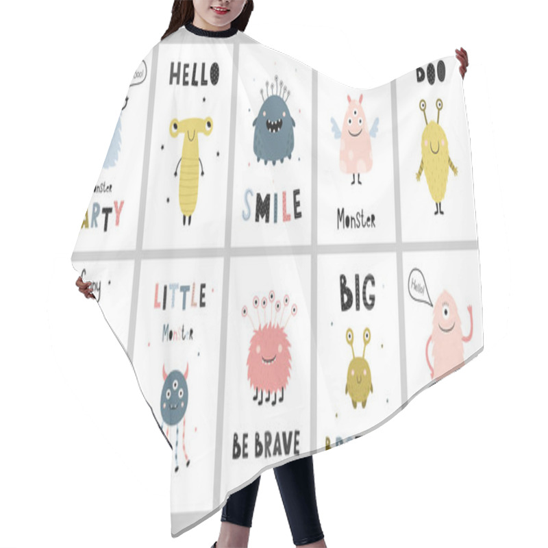 Personality  A Big Set Of Posters With Cute Cartoon Monsters. Funny Characters With Hand-drawn Inscriptions. Vector Illustration For The Design Of A Children's Room, Nursery Clothing, T-shirt Print Hair Cutting Cape