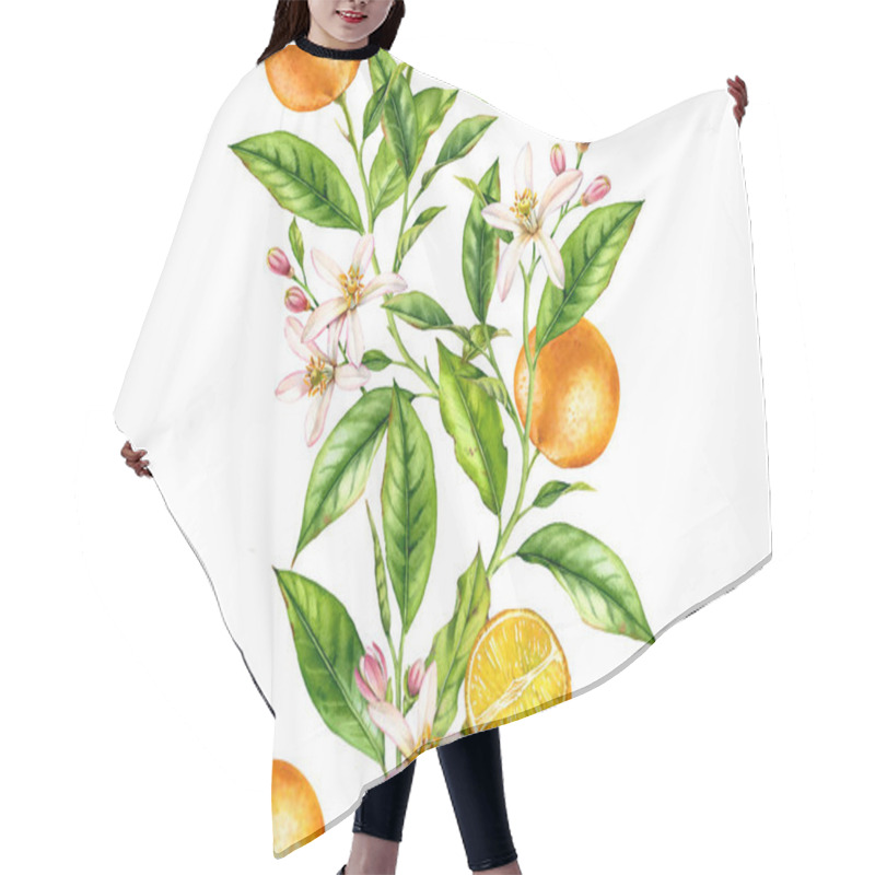 Personality  Orange Fruit Seamless Border Tree Branch With Flowers Realistic Botanical Floral Surface Design: Whole Half Citrus Leaves Isolated On White Hand Drawn For Textile Wallpaper Hair Cutting Cape