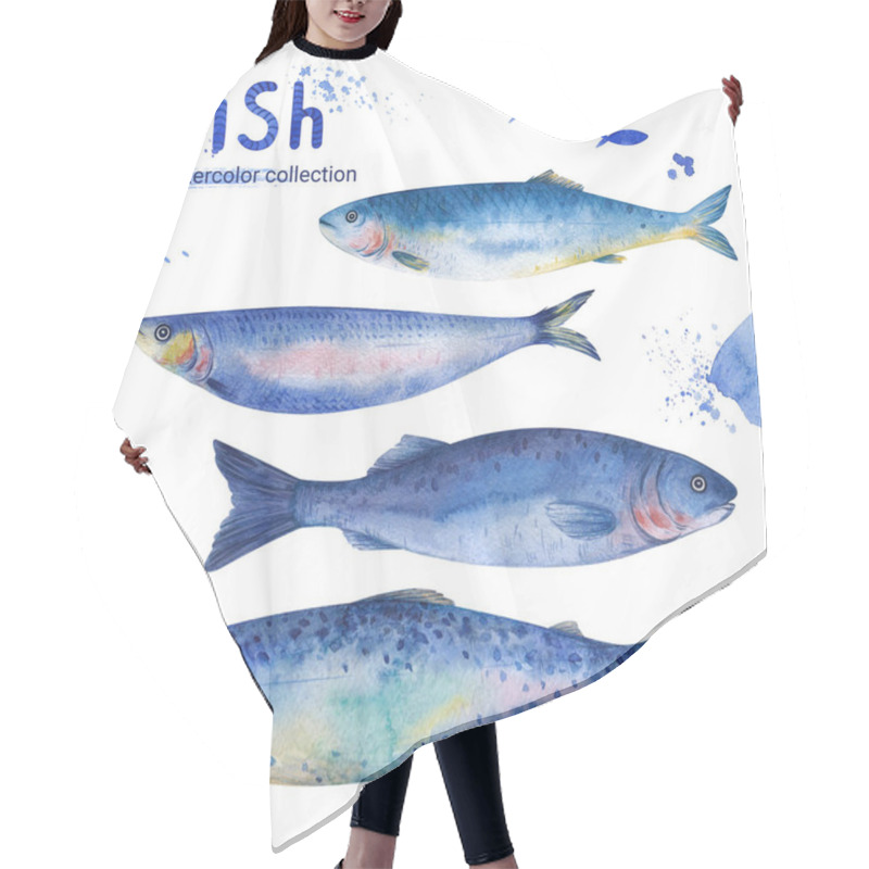 Personality  A Set Of Illustrations Of Marine Life. Trout, Mackerel, Herring On A White Background. Watercolor Themed Drawings, Sticker Template Hair Cutting Cape