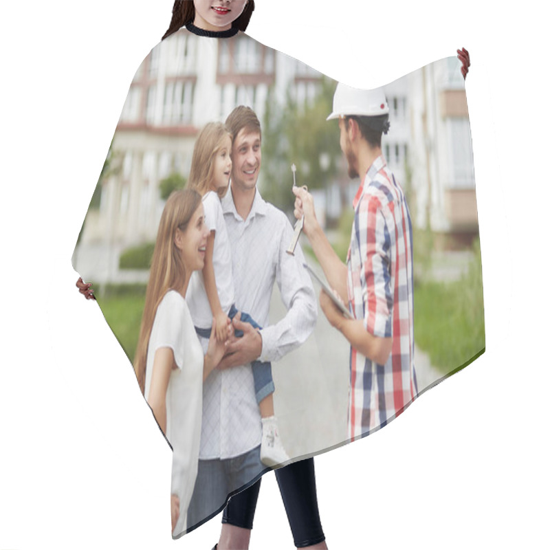 Personality  Happy Family In Front Of New Apartment Building Hair Cutting Cape