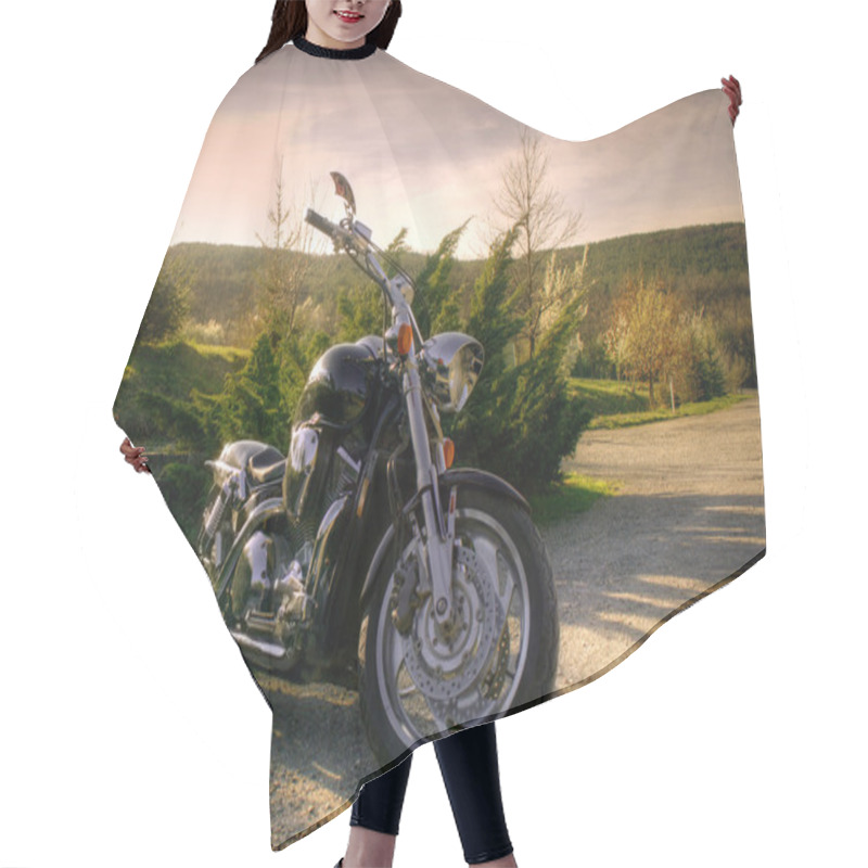 Personality  Black Chopper In Beautiful Rural Landscape Hair Cutting Cape