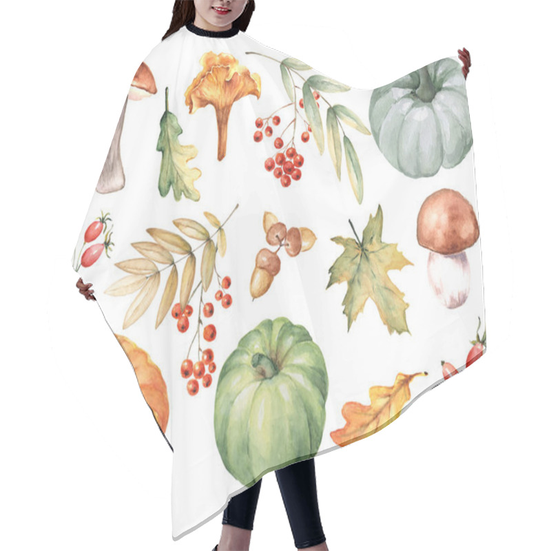 Personality  Watercolor Fall Set With Leaves, Pumpkins, Rowan Berries, Mushrooms, Acorns, Isolated On White. Autumn Illustration For Design, Sales, Thanksgiving Day. Hair Cutting Cape