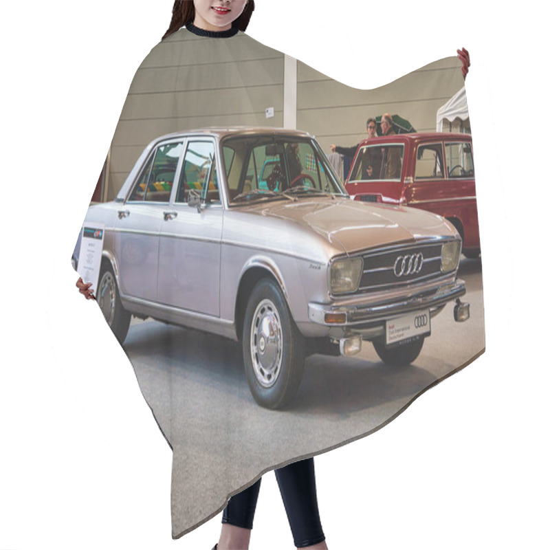 Personality  FRIEDRICHSHAFEN - MAY 2019: Silver AUDI 100 LS C1 1968 Sedan At Motorworld Classics Bodensee On May 11, 2019 In Friedrichshafen, Germany Hair Cutting Cape