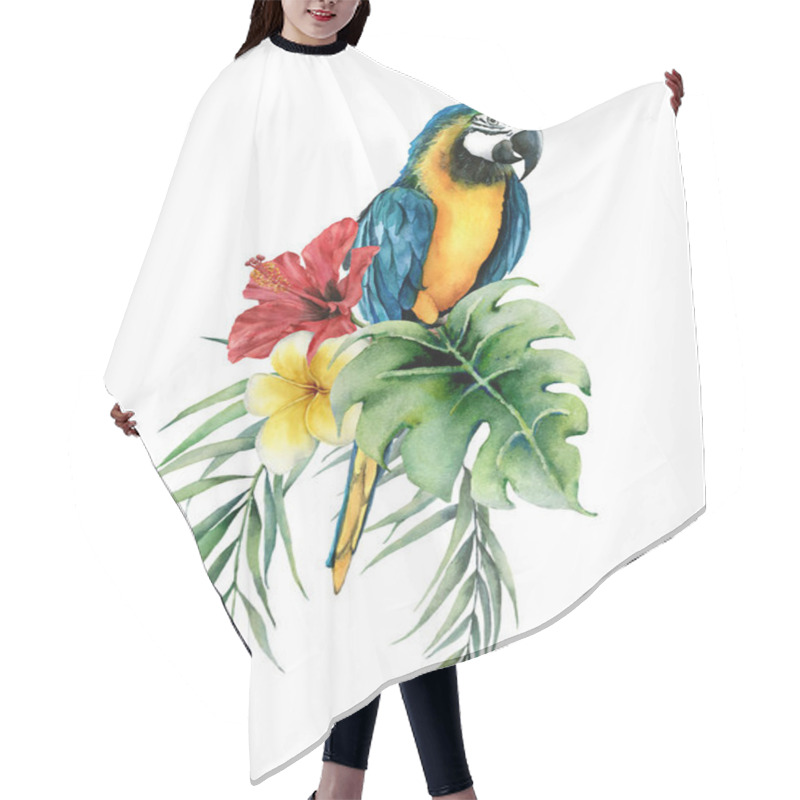 Personality  Watercolor Tropical Card With Parrot And Flowers Bouquet. Hand Drawn Plumeria And Hibiscus. Floral Label Isolated On White Background. Botanical Illustration. Greeting Template For Design. Hair Cutting Cape