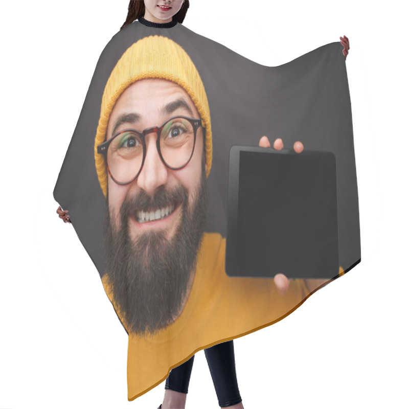 Personality  Bright Content Guy Showing New Tablet Hair Cutting Cape