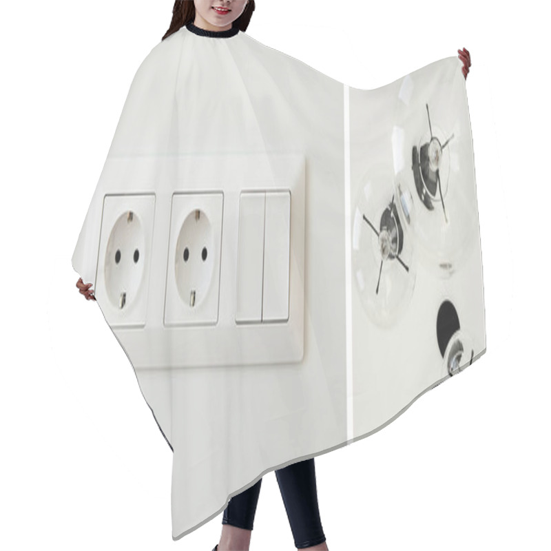 Personality  Collage Of Power Sockets Near Switch And Light Bulbs  Hair Cutting Cape