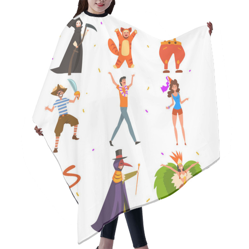 Personality  Flat Vector Set With People In Bright Carnival Costumes. Cartoon Character Of Men, Women And Kid. Outfits For Halloween Or Birthday Party Hair Cutting Cape