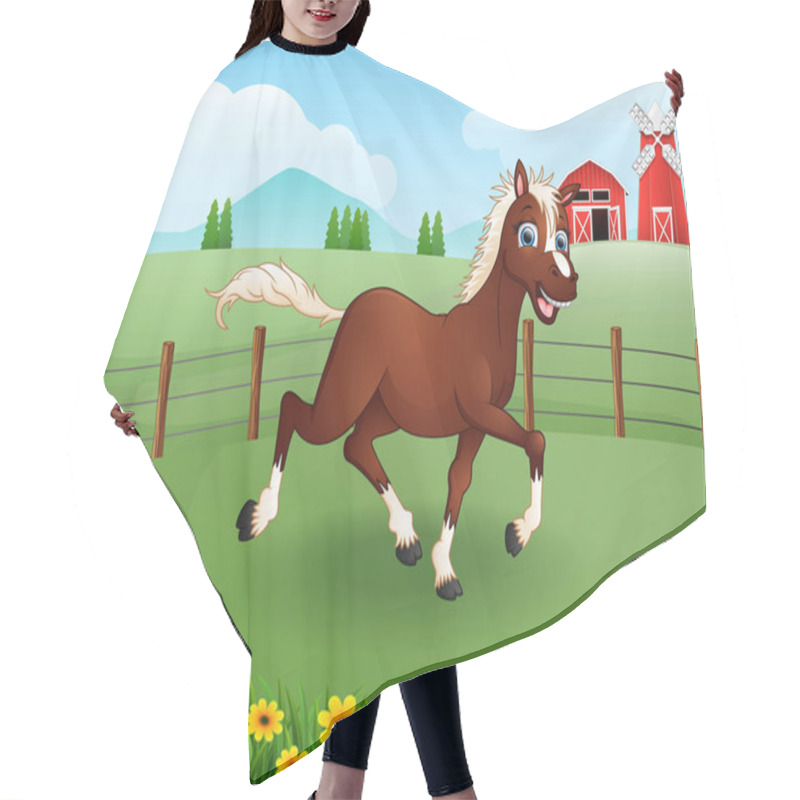 Personality  Illustration Of Happy Horse Cartoon In The Farm With Green Field Hair Cutting Cape