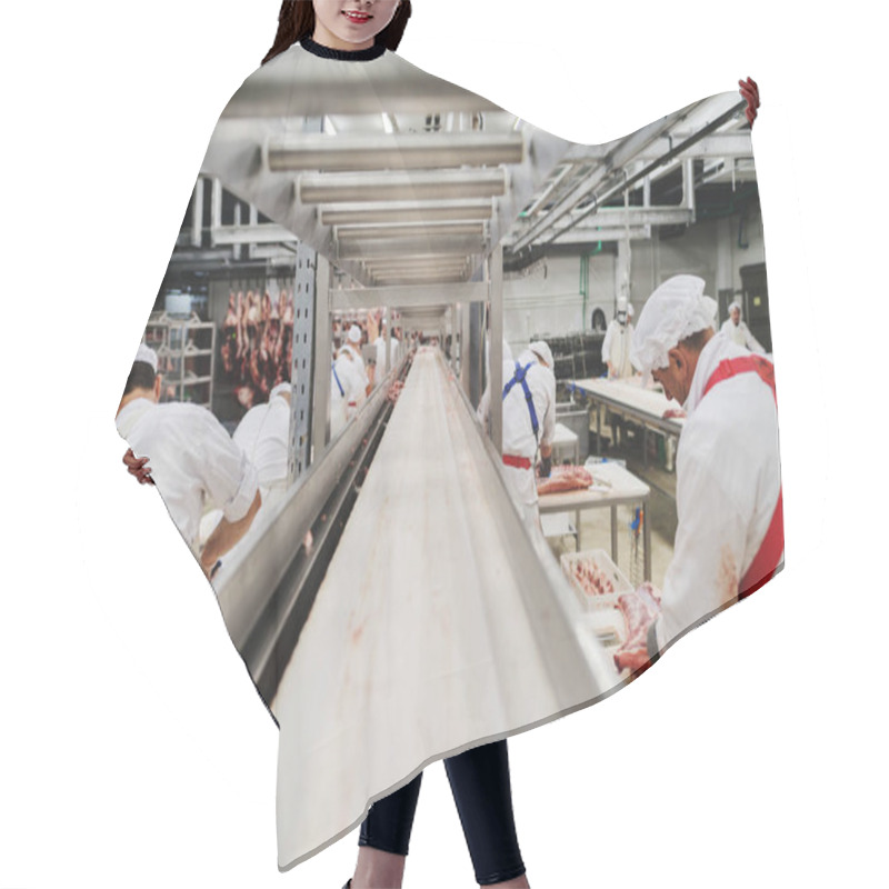 Personality  Workers At Meet Industry Handle Meat Organizing Packing Shipping Loading At Meat Factory. Hair Cutting Cape