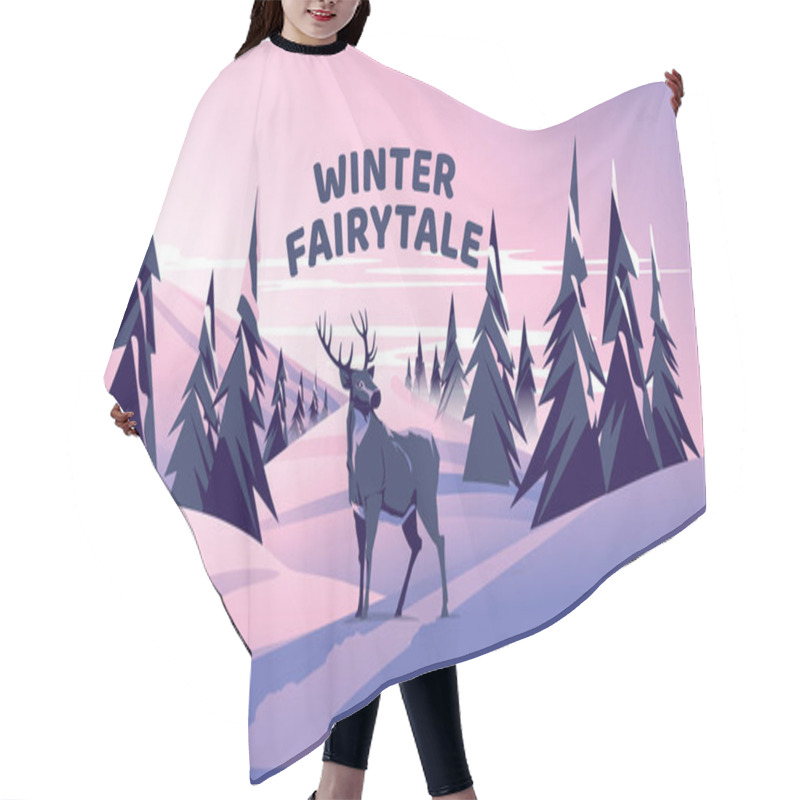 Personality  Winter Fairytale Landscape With Deer In A Coniferous Forest At Sunset. Holiday Season. Vector Illustration Hair Cutting Cape