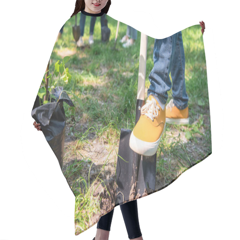 Personality  Cropped View Of Man With Shovel Planting Tree In Park  Hair Cutting Cape