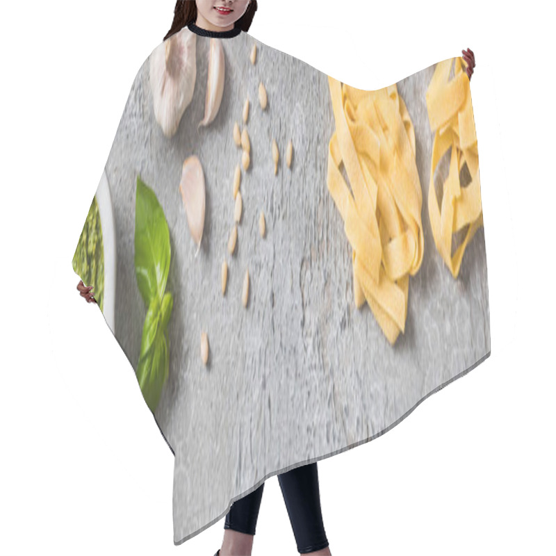 Personality  Top View Of Raw Pappardelle Near Garlic, Basil, Pine Nuts And Pesto Sauce On Grey Surface, Panoramic Shot Hair Cutting Cape