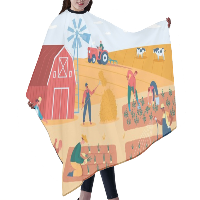 Personality  Farmers Working At Farm, Harvesting Crops, Feeding Animals. Countryside Farmland With Barn, Windmill, Garden And Field Vector Illustration Hair Cutting Cape