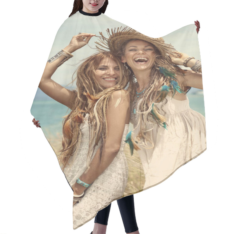 Personality  Two Beautiful Bohemian Style Women Posing Outdoors Hair Cutting Cape