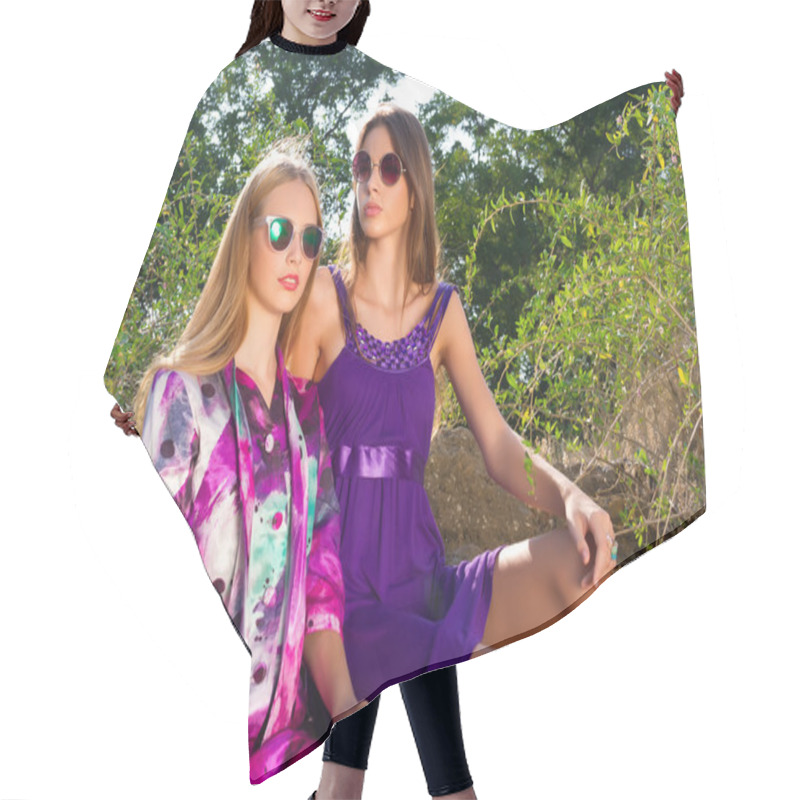 Personality  Two Vivacious Beautiful Young Women Hair Cutting Cape