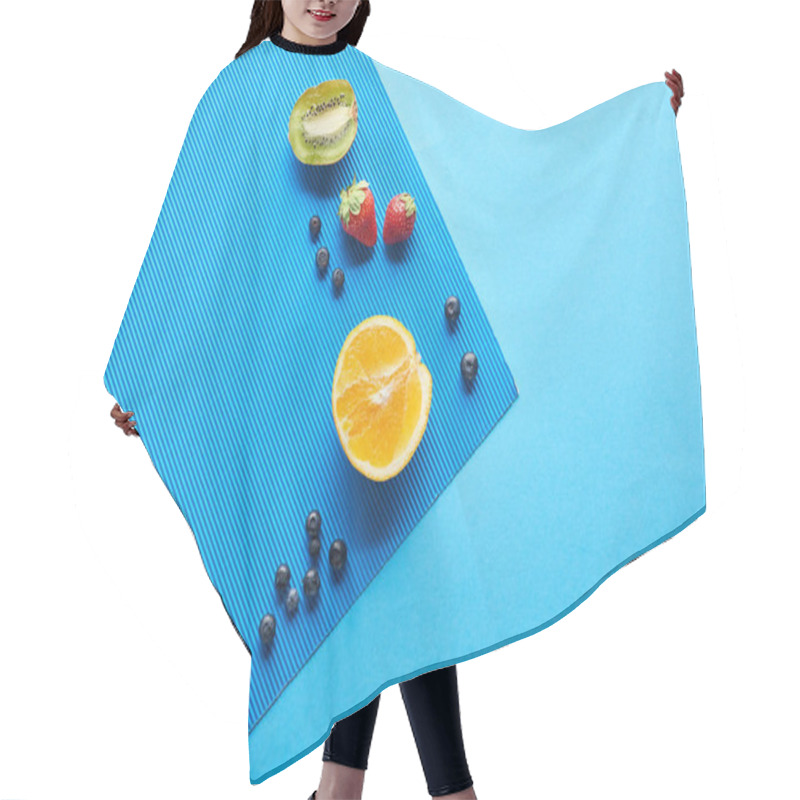 Personality  Top View Of Fresh Ripe Fruits On Blue Background Hair Cutting Cape