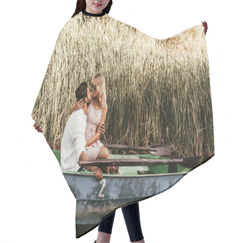 Personality  Young Couple Hugging And Kissing In Boat On River Near Thicket Of Sedge Hair Cutting Cape