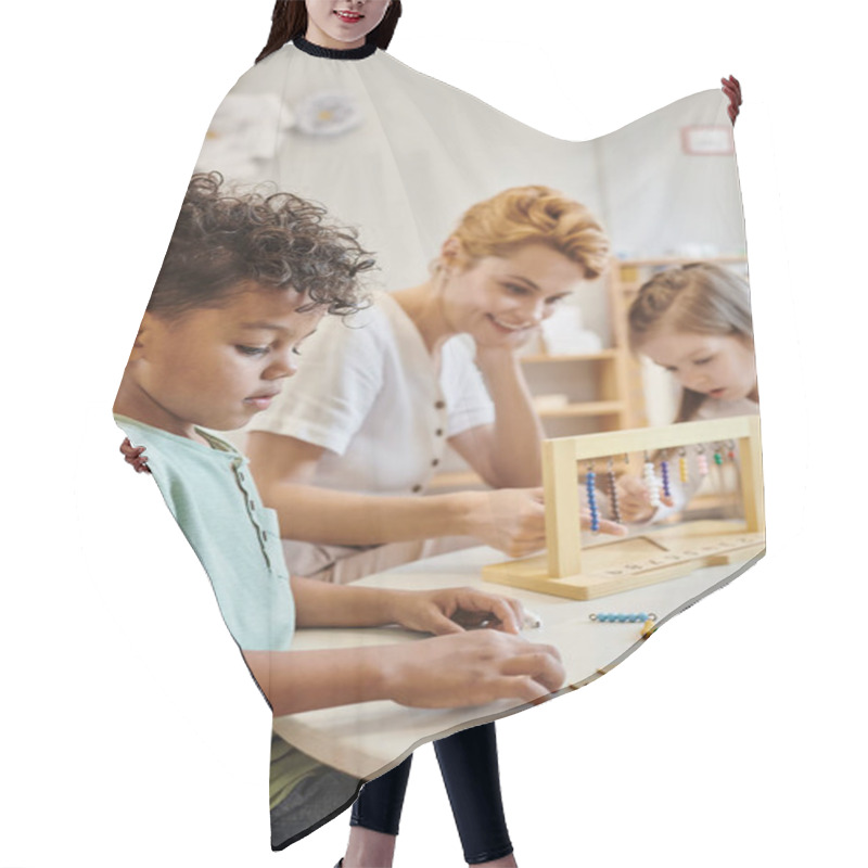 Personality  African American Boy Counting And Using Tiles, Montessori Concept, Teacher And Girl Playing Game Hair Cutting Cape