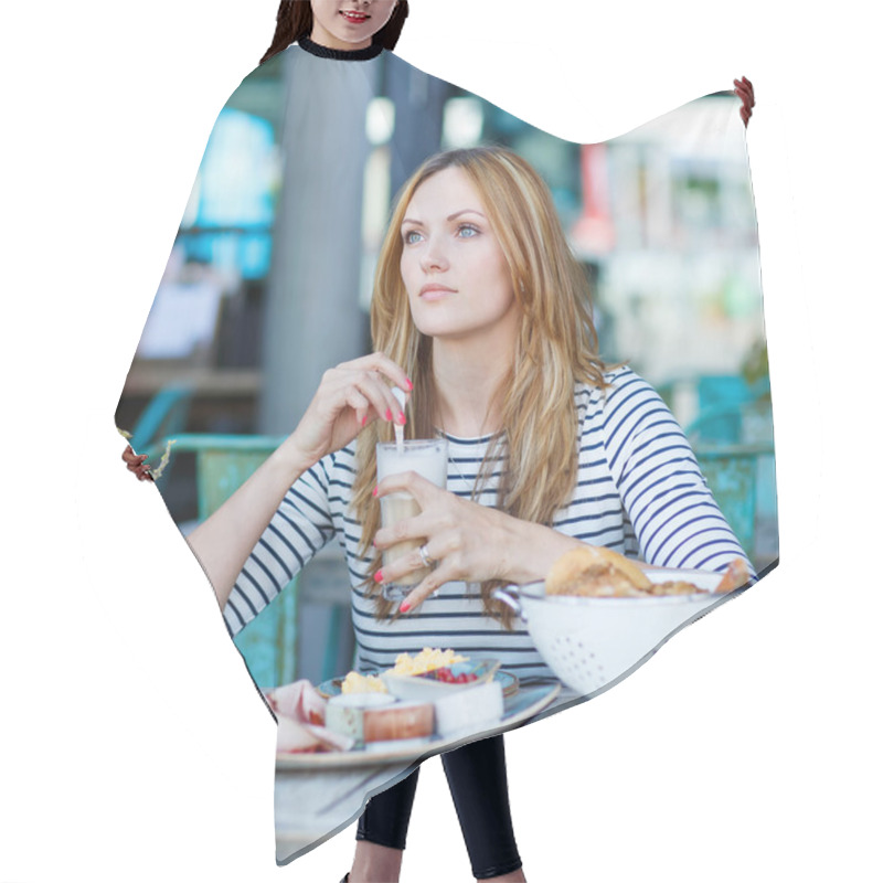 Personality  Young Woman Having Healthy Breakfast In Outdoor Cafe Hair Cutting Cape