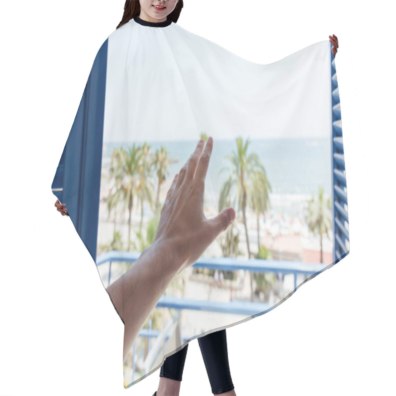 Personality  Cropped View Of Male Hand Near Open Door With Sea Coast And Palm Trees At Background In Catalonia, Spain  Hair Cutting Cape