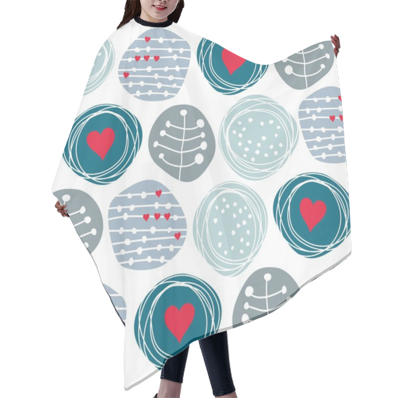 Personality  Delicate Floral Blue Retro Pattern With Red Hearts On Circles On White Background Hair Cutting Cape