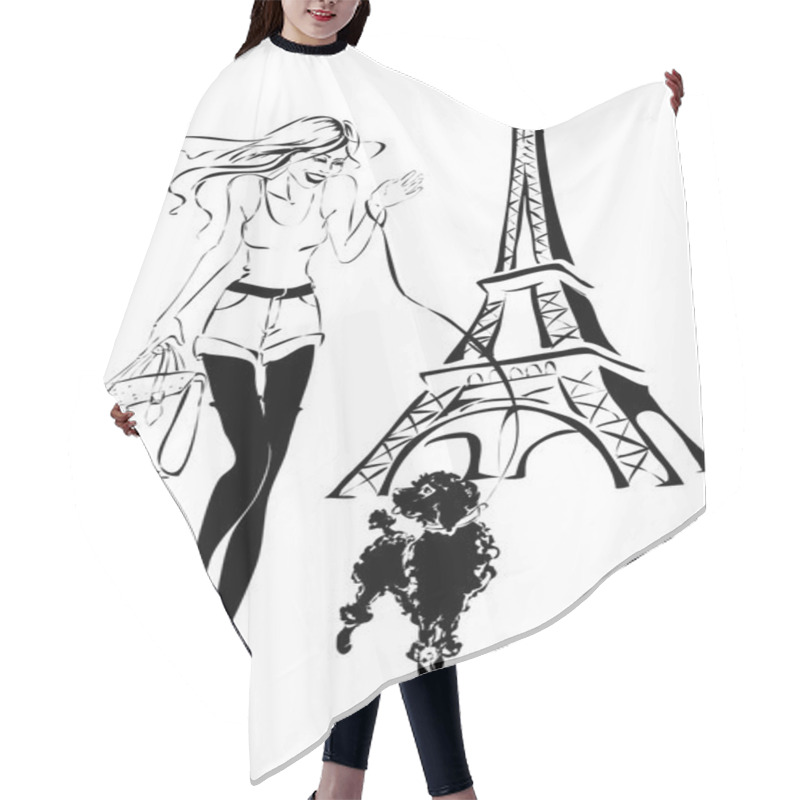 Personality  Fashion Woman With Little Dog Near Eiffel Tower Hair Cutting Cape