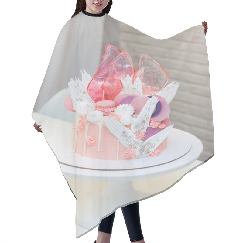 Personality  Modern Elegant Pink Cake With Caramel, White Chocolate, Waffle Paper, Meringues And French Macaroons Decoration On White Cakestand. Hair Cutting Cape