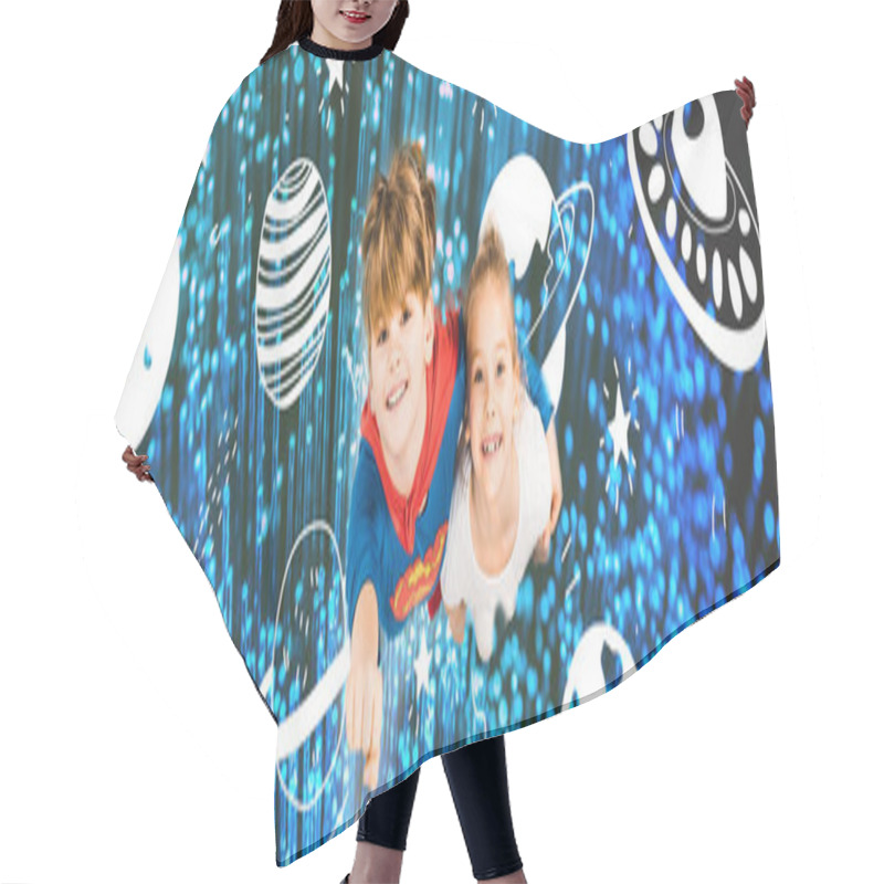 Personality  Panoramic Shot Of Cheerful Kids Flying Is Blue Space On White  Hair Cutting Cape