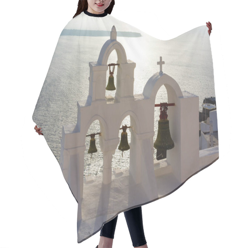 Personality  Arch With Cross And Bells Of Traditional Greek White Church In Oia Village, Santorini Island, Greece. Hair Cutting Cape