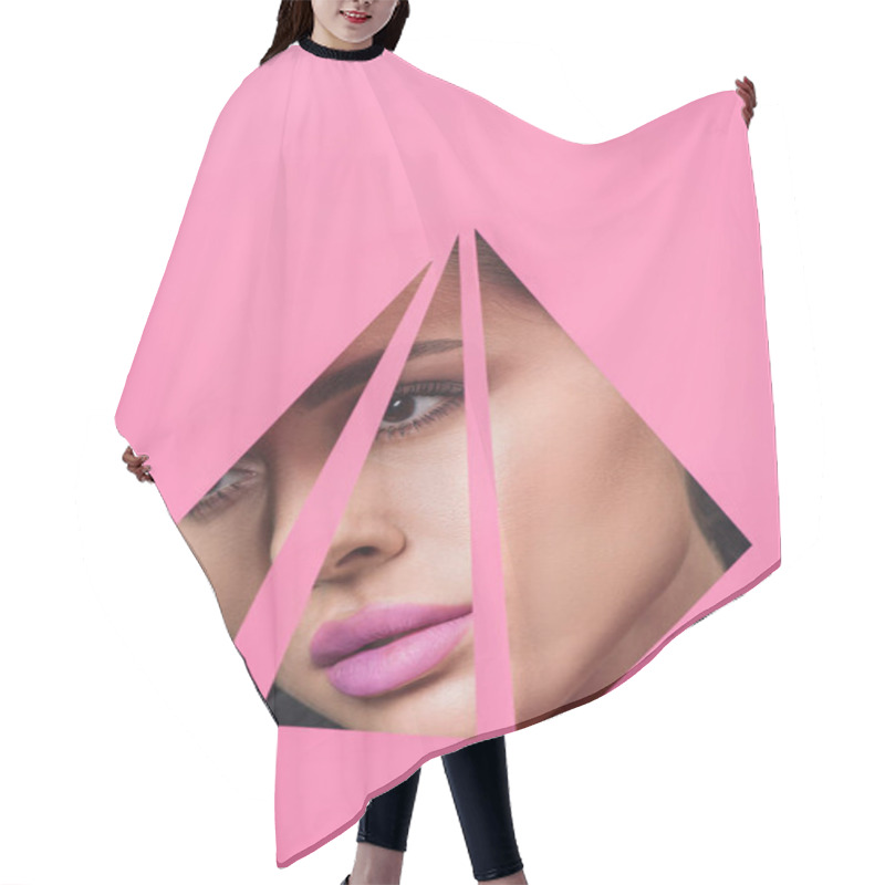 Personality  Woman With Pink Lips Looking Across Triangular Holes In Paper Hair Cutting Cape