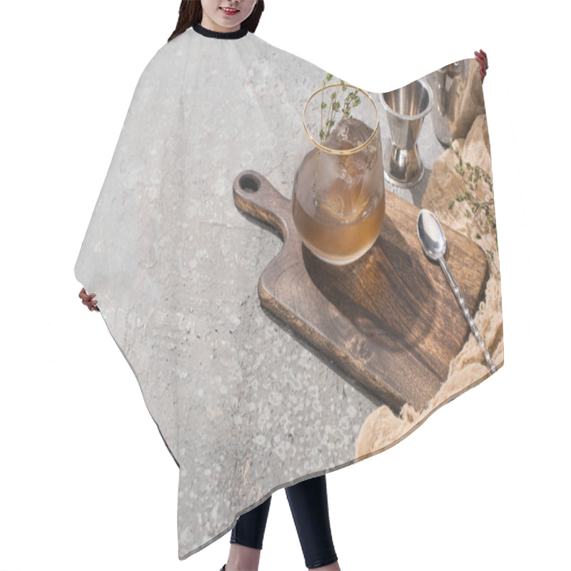 Personality  Transparent Glass With Herb, Ice Cube And Whiskey On Concrete Surface With Bar Equipment Hair Cutting Cape