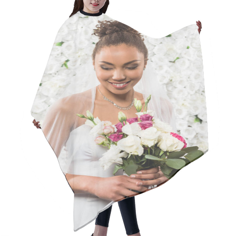 Personality  Happy African American Bride In Veil Holding Bouquet Of Flowers  Hair Cutting Cape