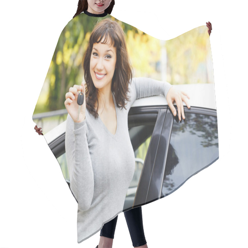 Personality  Pretty Asian Girl Showing The Car Key Hair Cutting Cape