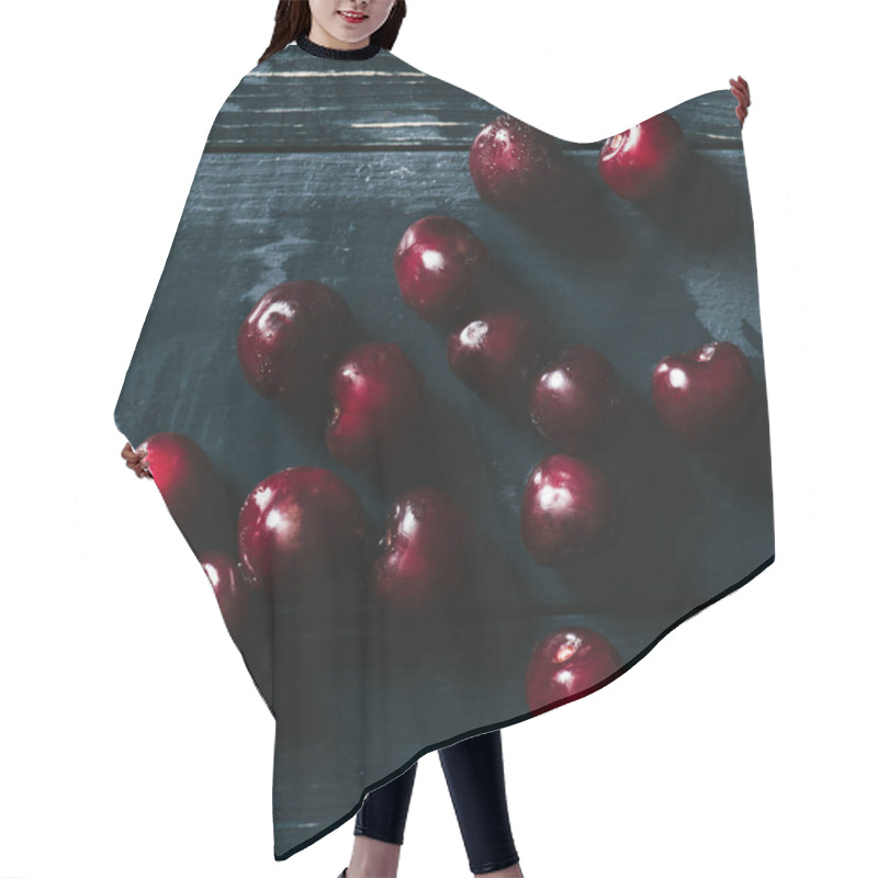 Personality  Top View Of Red Ripe Cherries On Wet Wooden Surface  Hair Cutting Cape