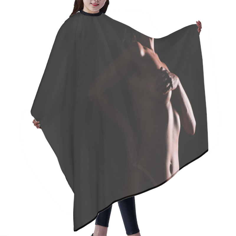 Personality  Cropped View Of Sexy Girl Standing With Hand On Hip While Covering Breasts Isolated On Black  Hair Cutting Cape