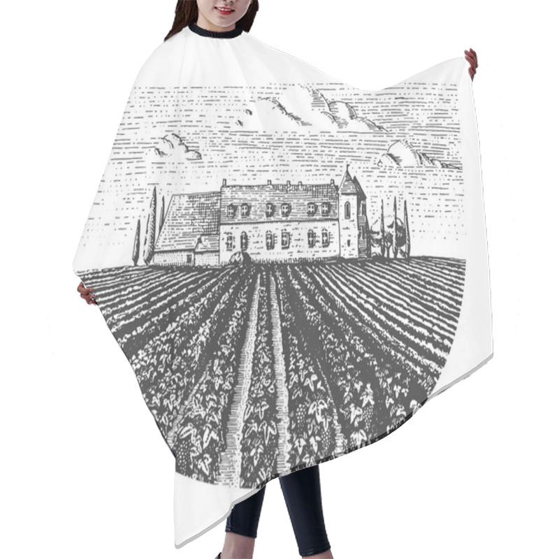 Personality  Vintage Engraved, Hand Drawn Vineyards Landscape, Tuskany Fields, Old Looking Scratchboard Or Tatooo Style Hair Cutting Cape