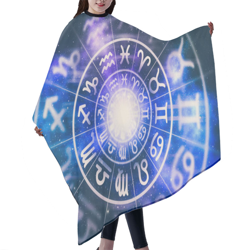 Personality  Astrological Zodiac Signs Inside Of Horoscope Circle On Universe Background - Astrology And Horoscopes Concept - Retro Style Hair Cutting Cape