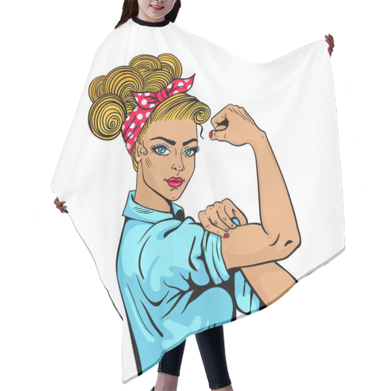 Personality  We Can Do It Woman. Sexy Strong Girl. Classical American Symbol Of Female Power, Woman Rights, Protest, Feminism. Vector Colorful Hand Drawn Character On White Background In Retro Comic Style. Hair Cutting Cape