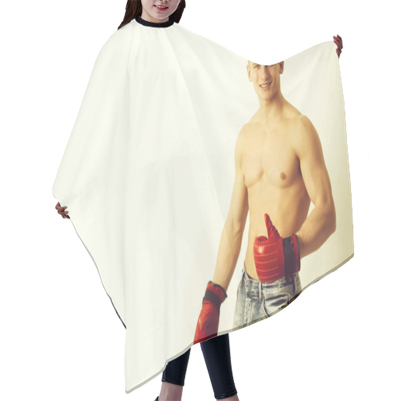 Personality  Happy Man, Boxer Showing Thumbs Up With Red, Boxing Gloves Hair Cutting Cape