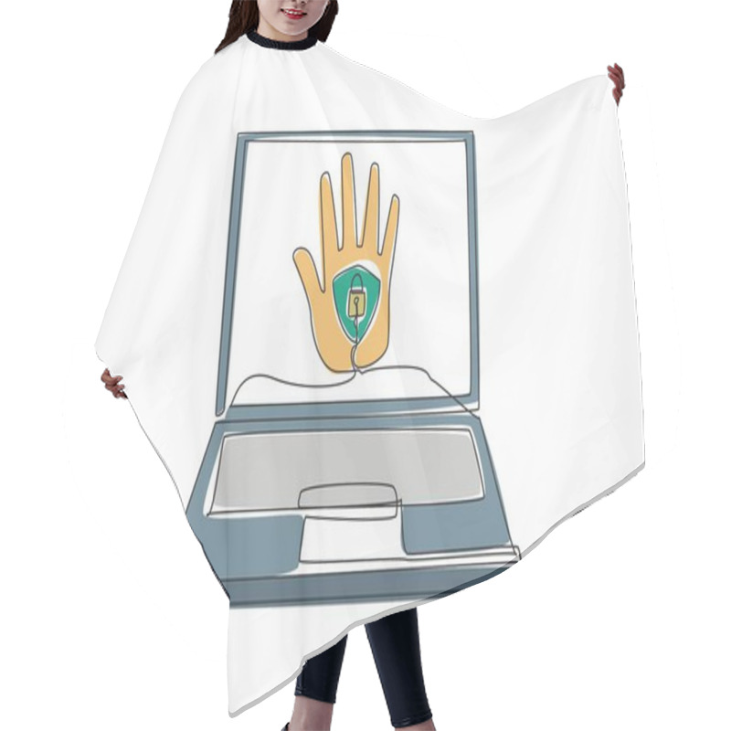 Personality  Continuous One Line Drawing Shielded And Locked Palm In Middle Of The Laptop Screen. Two Security Verifications. Fingerprint. Password. Data Privacy Day. Single Line Draw Design Vector Illustration Hair Cutting Cape