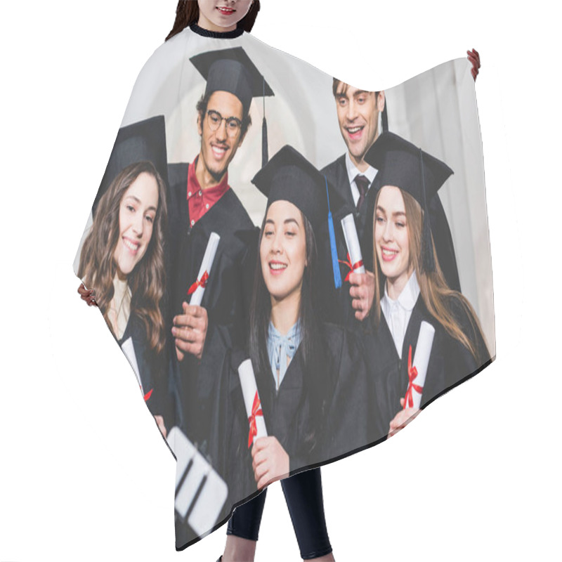 Personality  Cheerful Group Of Students In Graduation Gowns Holding Diplomas While Talking Selfie  Hair Cutting Cape