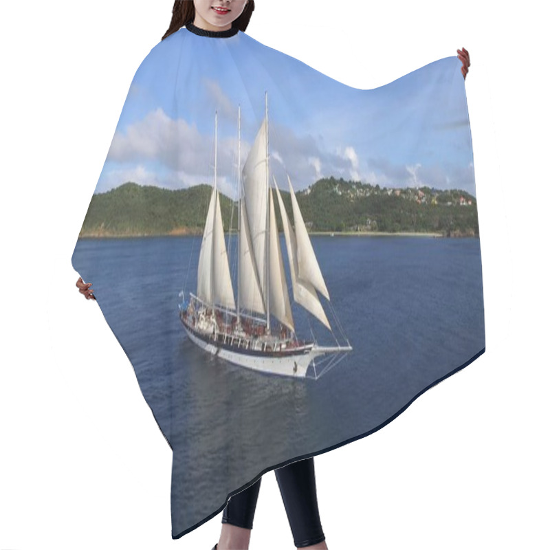 Personality  Vintage Retro Classic Old Sailboat Sailing On Dark Blue Ocean. Travel, Vacation, Voyage, Tropical Paradise Trip, Adventure, Tourism Concept.  Hair Cutting Cape