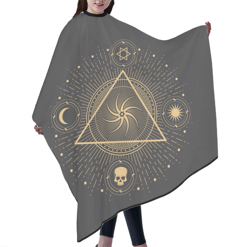 Personality  Pentagram Symbol, Magic Occult And Esoteric Star And Circle In Vector Pyramid. Alchemy And Tarot Symbol Of Moon, Sun And Skull Icons In Mystic Gold Wheel In Triangle, Astrology And Scared Geometry Hair Cutting Cape