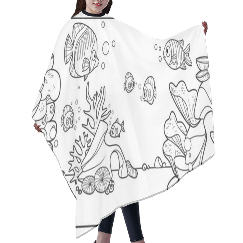 Personality  Underwater Inhabitants Against The Backdrop Of The Seabed With Corals, Algae, Stones And Anemones Outlined Variation For Coloring Page Hair Cutting Cape